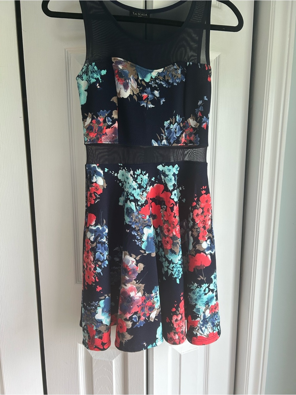 La Scala Floral Mesh Fit-and-Flare Dress in Navy with Red & Teal Flowers